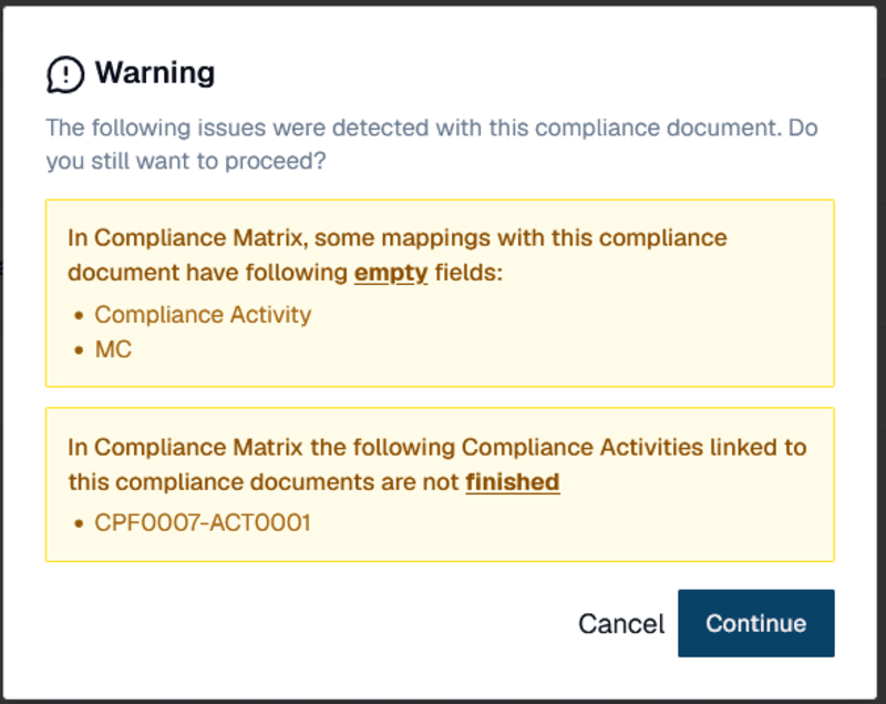 Document release with warnings based on project context