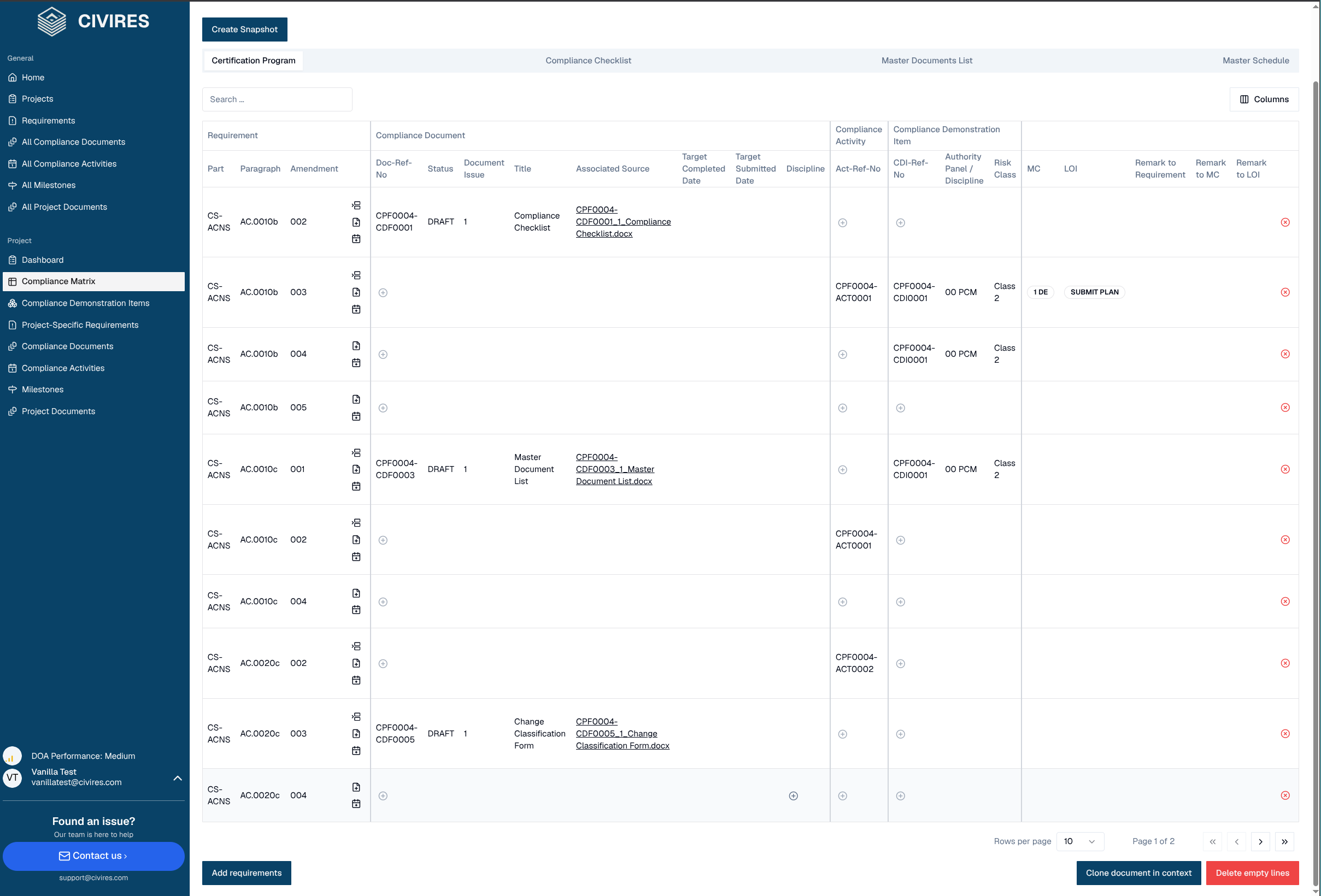 Compliance Matrix interface showing EASA CS-23 requirements