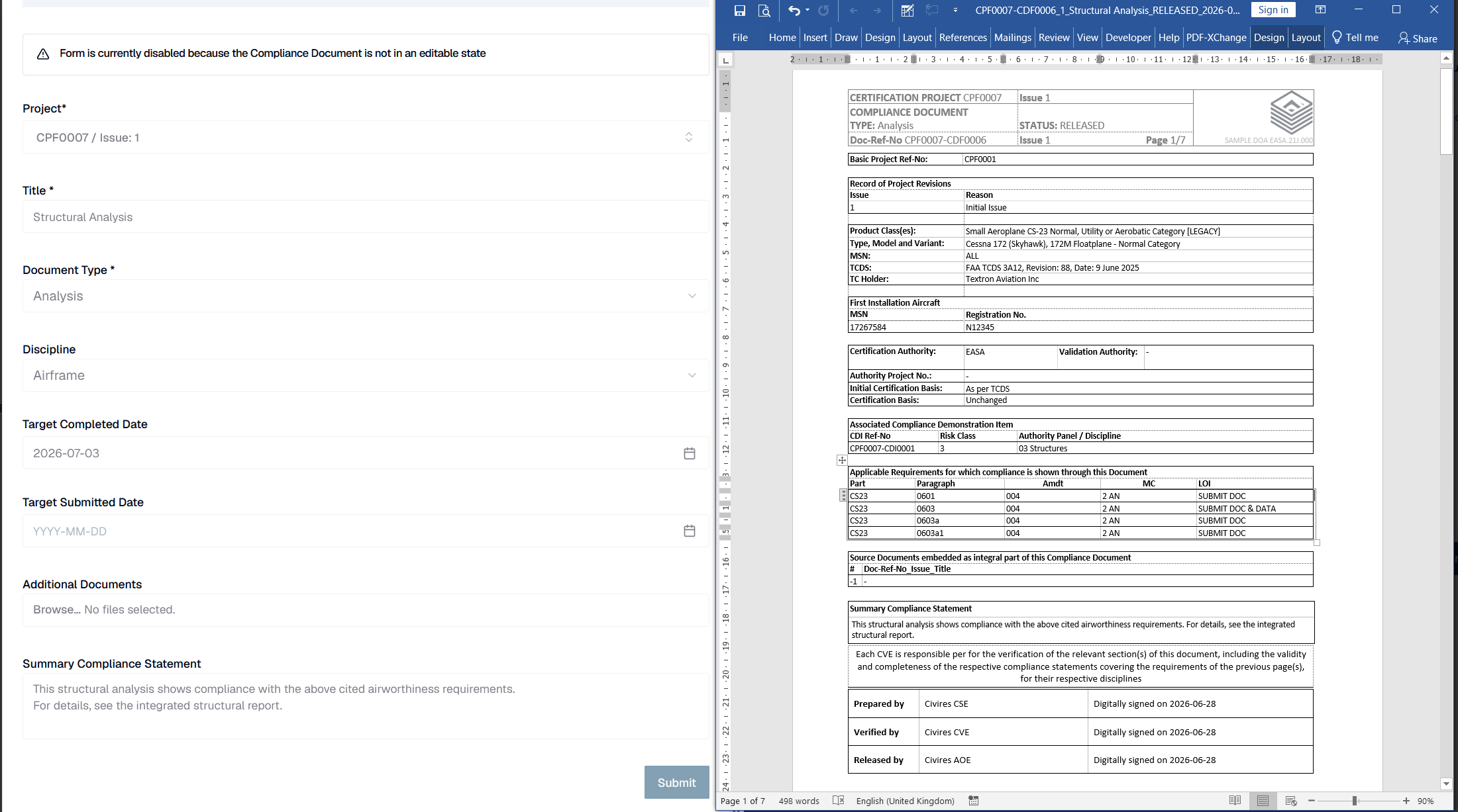 Side-by-side document comparison for DOCX files